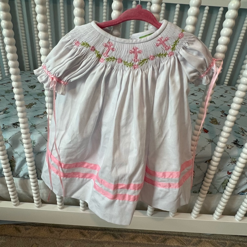 White Smocked Cross details Baby Dress with Pink Trim